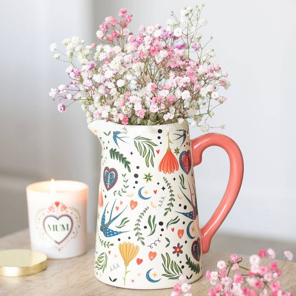 Brocca fiori in ceramica con stampa folk color crema