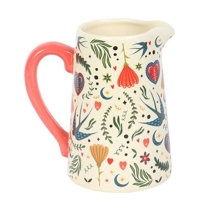 Brocca fiori in ceramica con stampa folk color crema